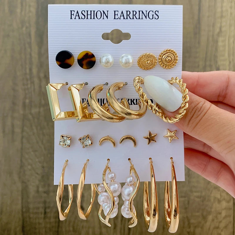 6pairs Circle Metal Hoop Earrings Set For Women Geometric Rhinestone Pearl