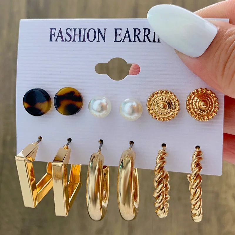6pairs Circle Metal Hoop Earrings Set For Women Geometric Rhinestone Pearl