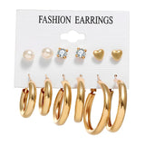 6pairs Circle Metal Hoop Earrings Set For Women Geometric Rhinestone Pearl