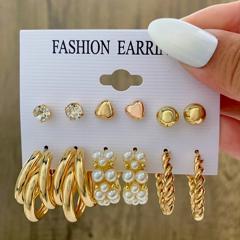 6pairs Circle Metal Hoop Earrings Set For Women Geometric Rhinestone Pearl