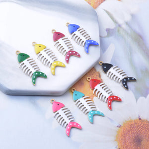 6pcs Copper Enamel Fish bone Charms Two-sided Pendant DIY Earring Making