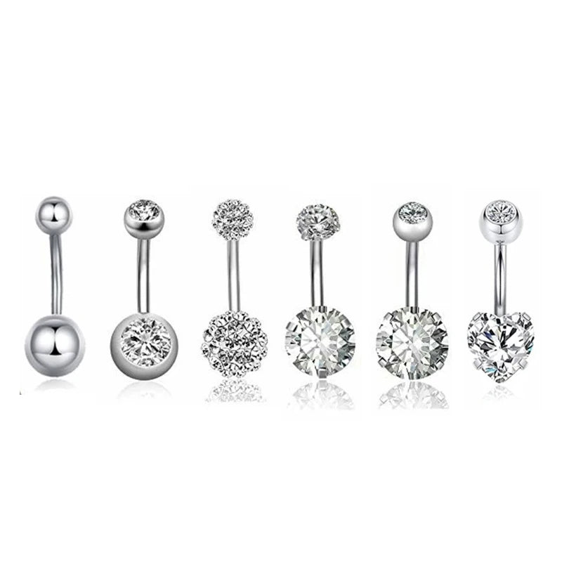 6pcs Crystal Stainless Steel Rhinestone Navel Rings Set