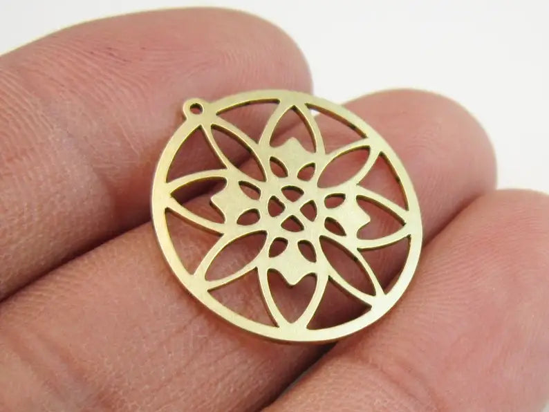 6pcs Brass Earring Charms, Round Flower Pendant, Laser Cut, Jewelry Supplies