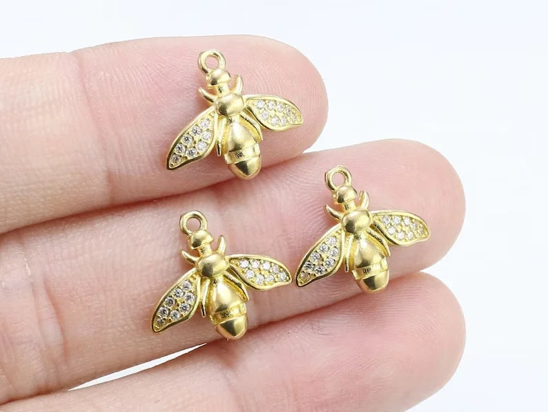 6pcs CZ Bee Charm, Dainty Earring Charm, Brass Honey Pendant