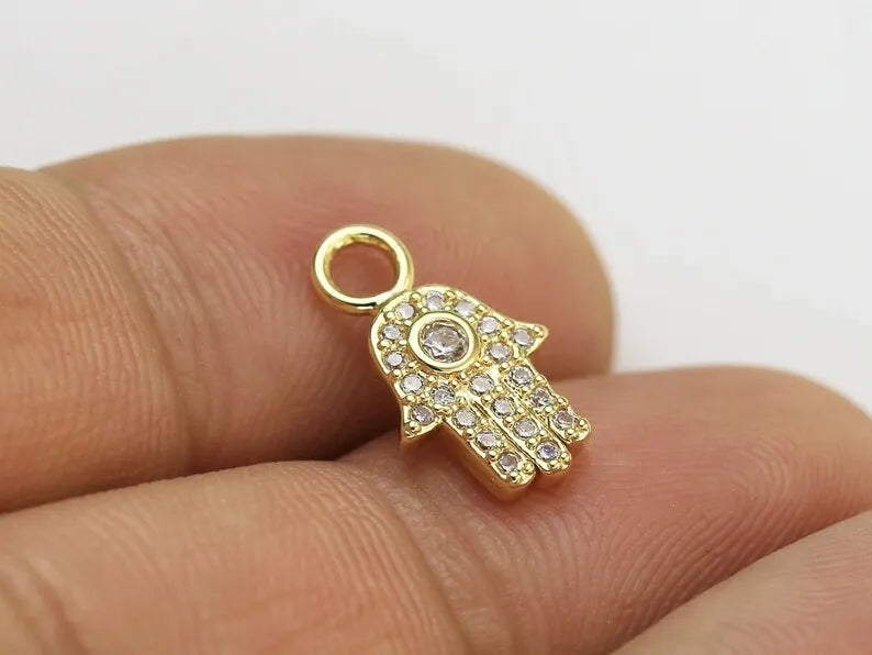 6pcs CZ Pave Hand Charm, Hamsa Hand Charms, Real Plated, Interchangeable