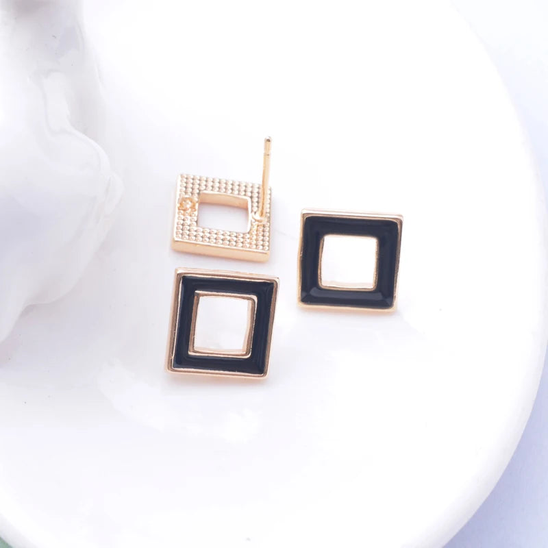 6pcs Copper Plated Enamel Square Ear Post Stud Needle Round Base Earrings