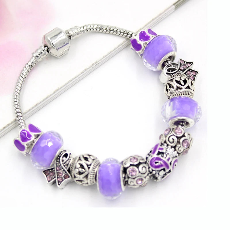 6pcs Purple Ribbon Bead Pancreatic Cancer Awareness Bracelet