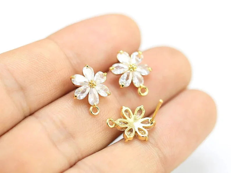 6pcs CZ Flower Stud Earrings, Emerald Daisy Earring, 14K Plated