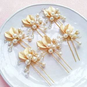 6pcs Bridal Crystal Pearl Leaf Hairpins Wedding Hair Accessories
