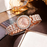 6pcs Jewelry Set Rose Watch Women Ring Necklace Earring Rhinestone Wristwatch