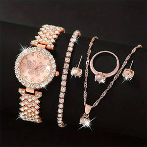 6pcs Jewelry Set Rose Watch Women Ring Necklace Earring Rhinestone Wristwatch