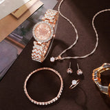 6pcs Jewelry Set Rose Watch Women Ring Necklace Earring Rhinestone Wristwatch