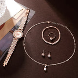 6pcs Jewelry Set Rose Watch Women Ring Necklace Earring Rhinestone Wristwatch