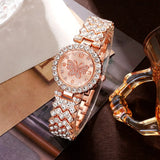6pcs Jewelry Set Rose Watch Women Ring Necklace Earring Rhinestone Wristwatch