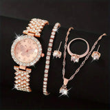 6pcs Jewelry Set Rose Watch Women Ring Necklace Earring Rhinestone Wristwatch