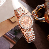 6pcs Jewelry Set Rose Watch Women Ring Necklace Earring Rhinestone Wristwatch