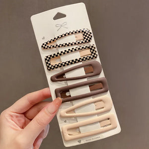 6pcs Matt Brown Plaid Bobby Pins Set Geometric Hair Grips