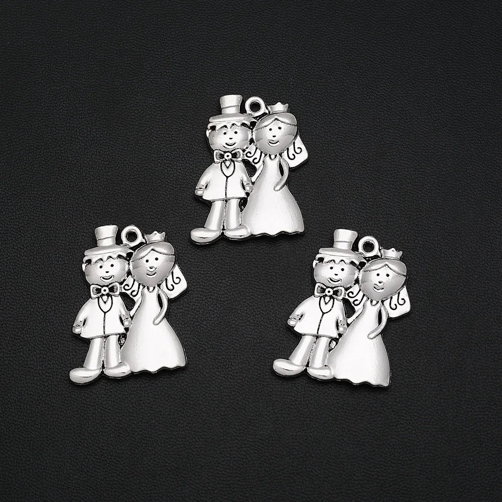 6pcs Antique Silver Wedding Charms Groom Bride Pendants DIY Jewelry Making