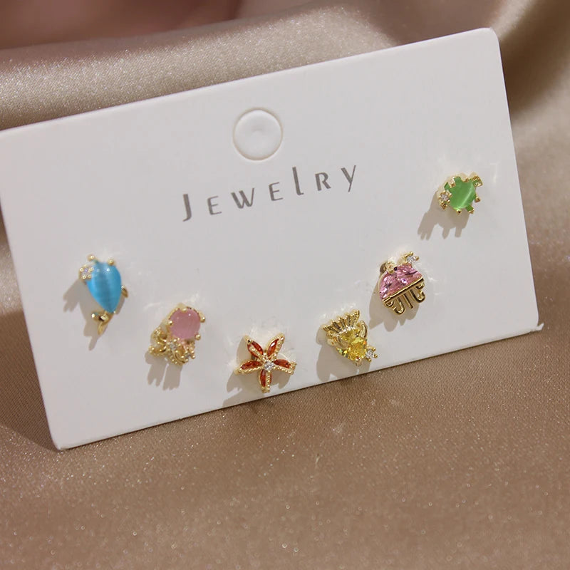 6pcs Multicolor Crystal Animal Stud Earrings for Women
