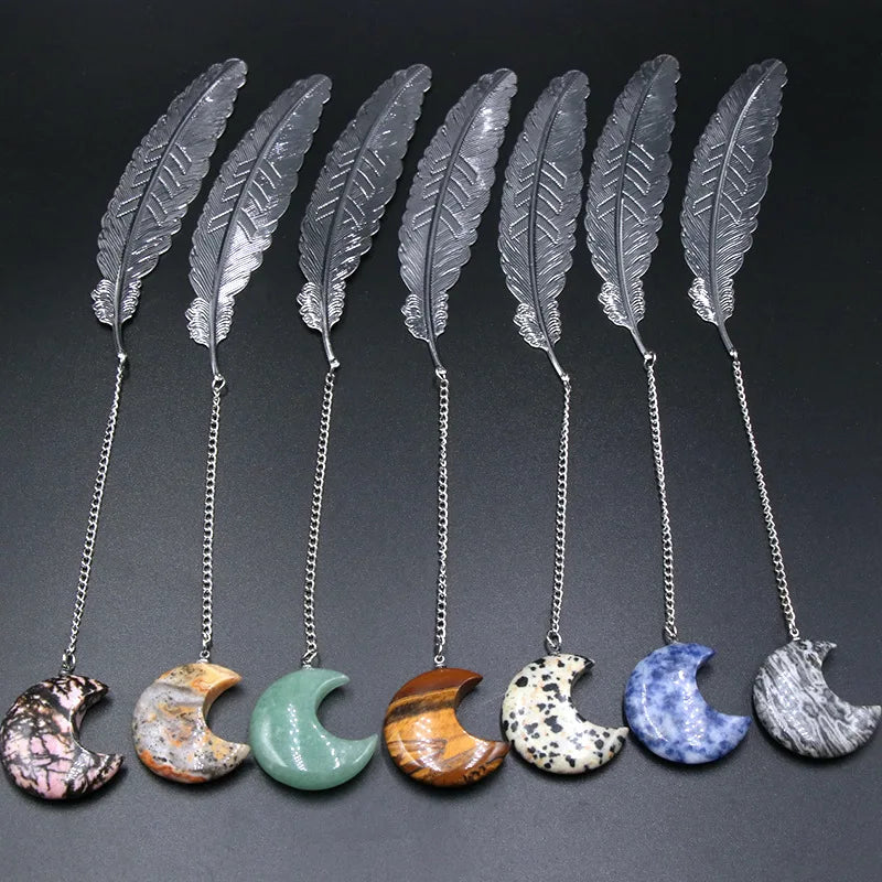 6pcs Moon Crystal Feather Charms Pendant Bookmark Clear Quartz Gemstone