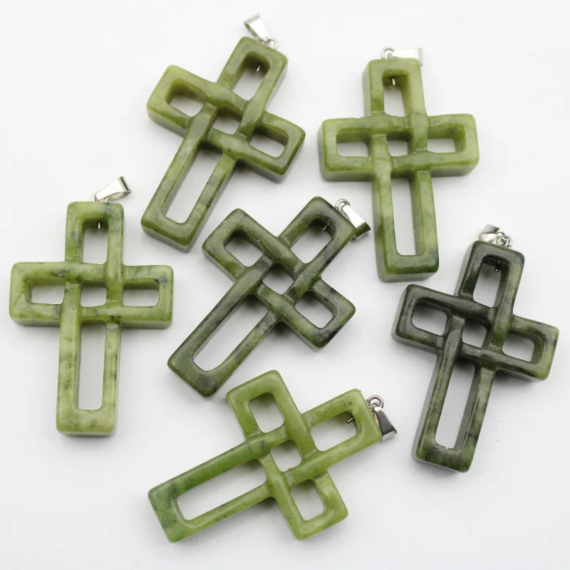 6pcs Natural Stone Hand Carved Cross Pendant DIY Necklace Jewelry