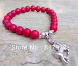 Retro Silver Plated Dangle Lucky Horse Pendant Red Coral Bead Bracelet