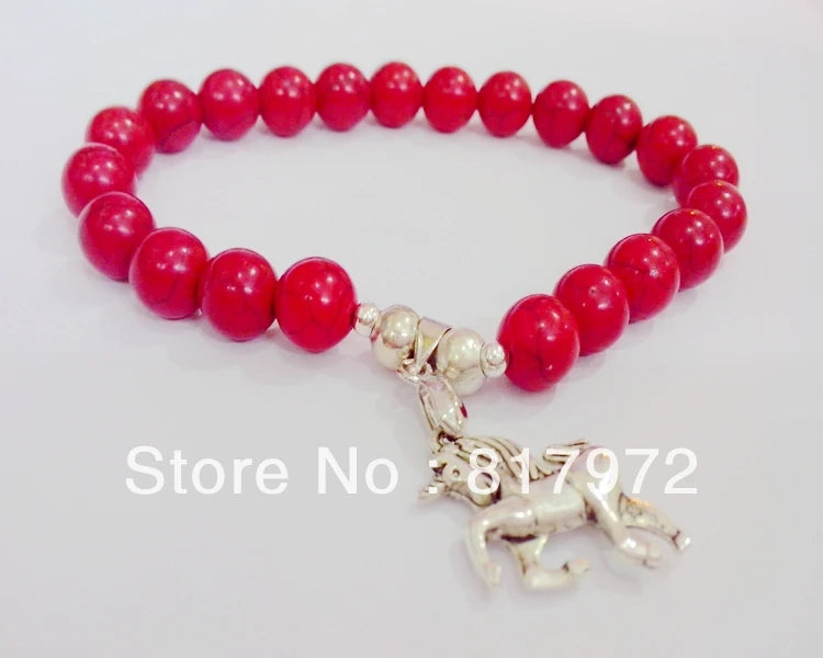 Retro Silver Plated Dangle Lucky Horse Pendant Red Coral Bead Bracelet