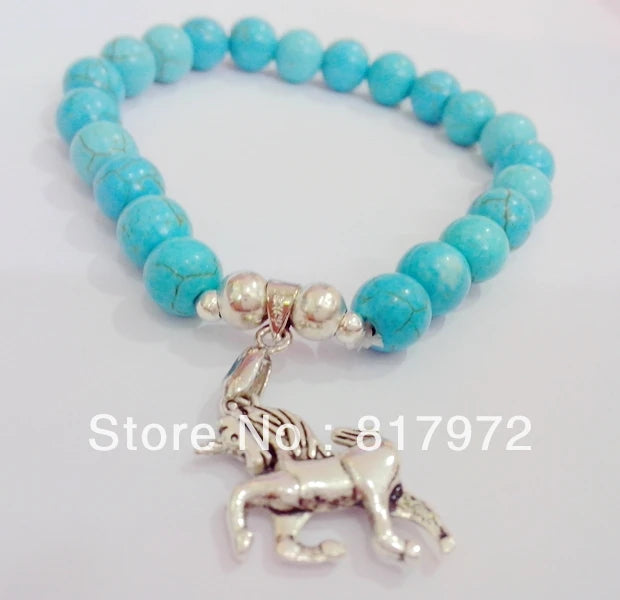 6pcs Retro Silver Plated Horse Pendant Howlite Bead Bracelet Adjustable
