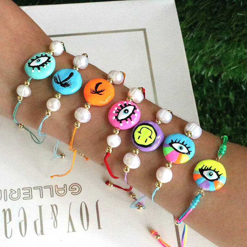 Enamel Eye Smiley Bracelet with Pearl Charm