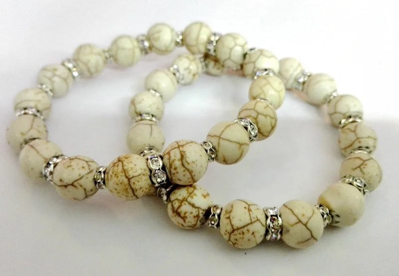 6pcs Classic Stone Howlite Bracelet with Rhinestone Wheel, Birthday Gift Charm