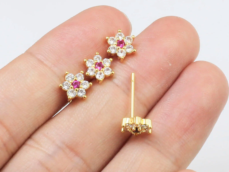 6pcs Plated CZ Flower Studs, Daisy Earrings, Jewelry Supplies