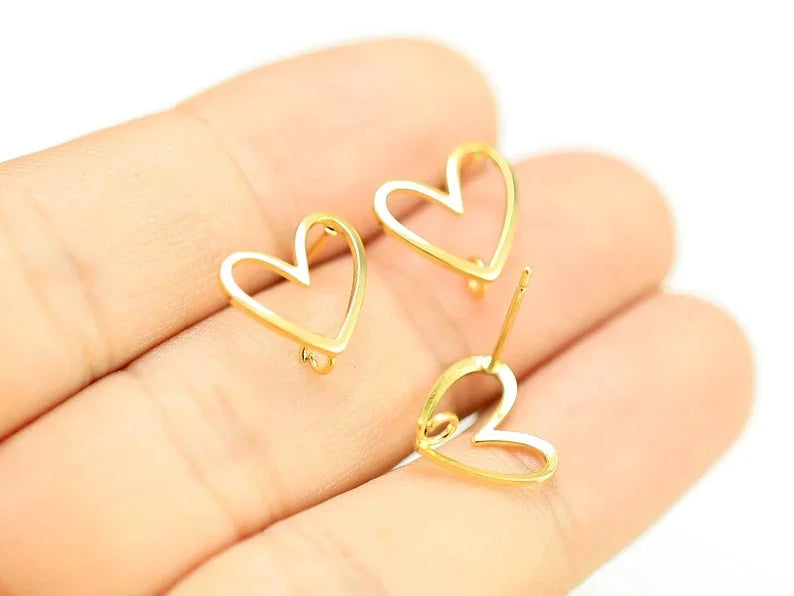 6pcs Real Plated Heart Earring Studs, Brass Earring Post - GS074