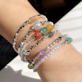 6pcs Silver Beaded Crystal Pearl Bracelets for Women