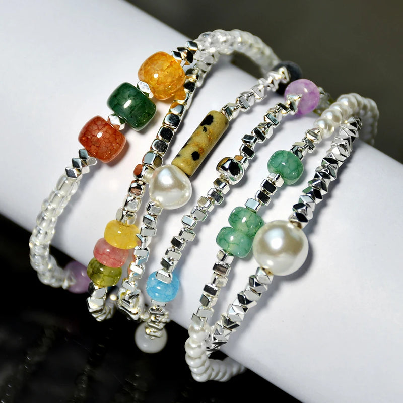 6pcs Silver Beaded Crystal Pearl Bracelets for Women