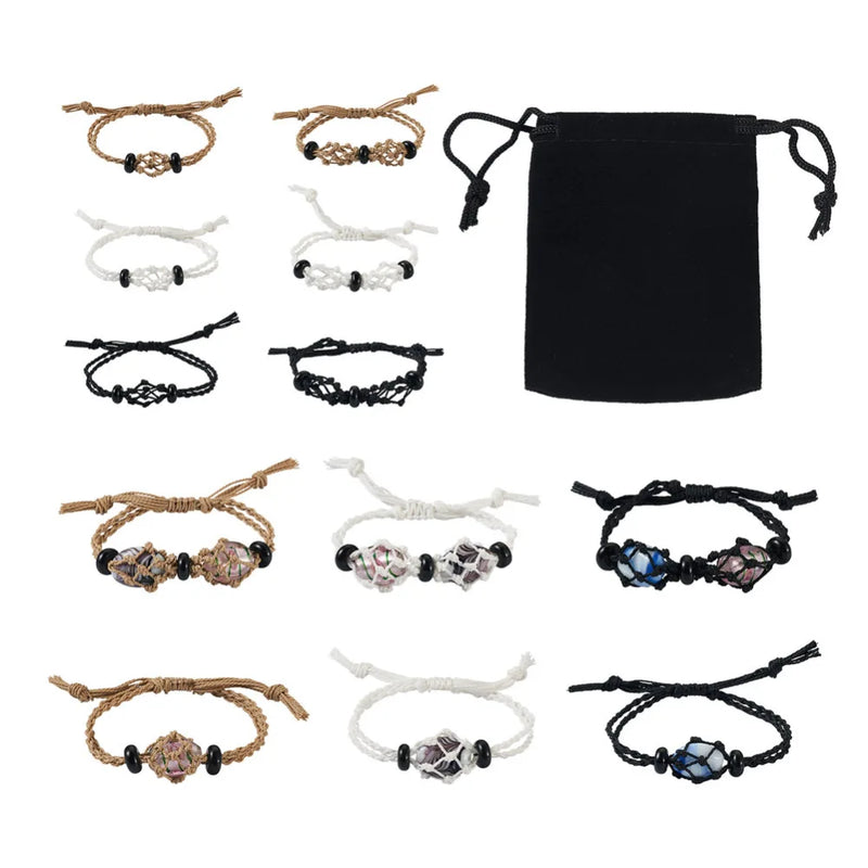 Adjustable Braided Bracelet with Stone Beads and Velvet Pouch