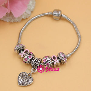 Breast Cancer Awareness Pink Ribbon Jewelry European Bead Heart Charm