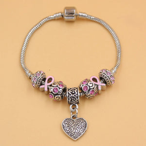 Breast Cancer Awareness Pink Ribbon Jewelry European Bead Heart Charm
