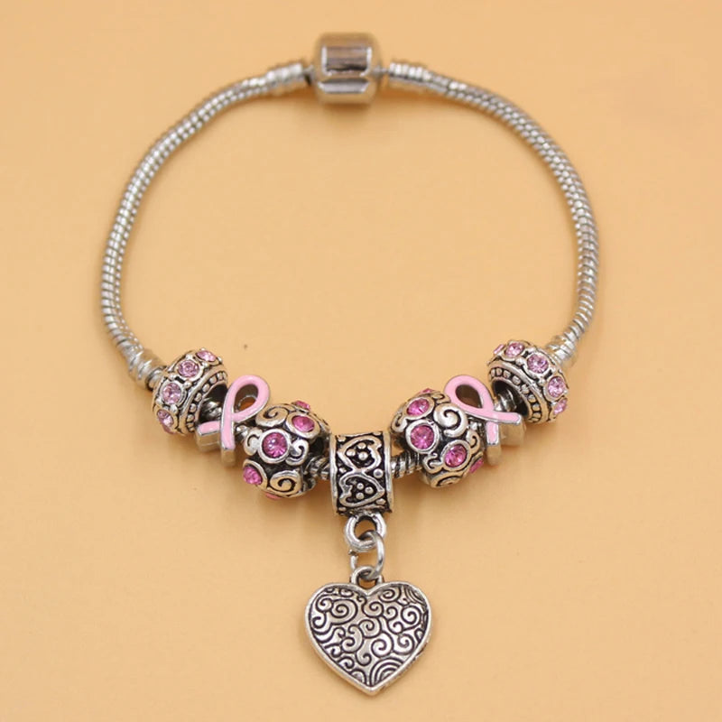Breast Cancer Awareness Pink Ribbon Jewelry European Bead Heart Charm