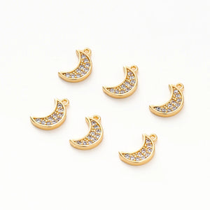 6pcs 18K Plated Zircon Moon Pendants for Jewelry Making