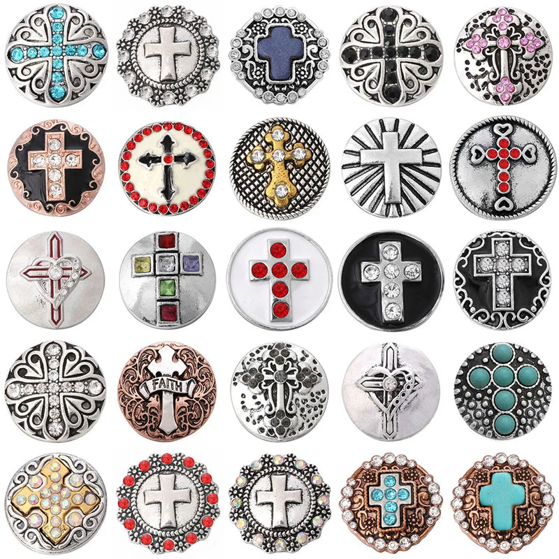 6pcs Snap Buttons Mixed Rhinestone Cross Metal Snaps for Bracelet DIY