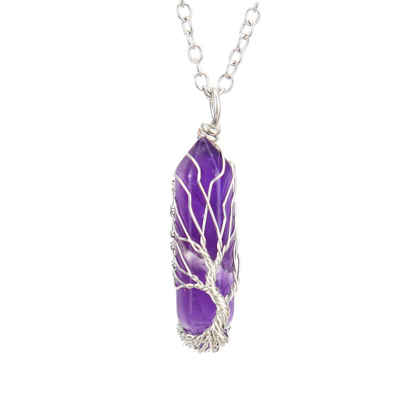 Tree of Life Wire Wrap Hexagonal Column Pendant Natural Stone Healing Necklace