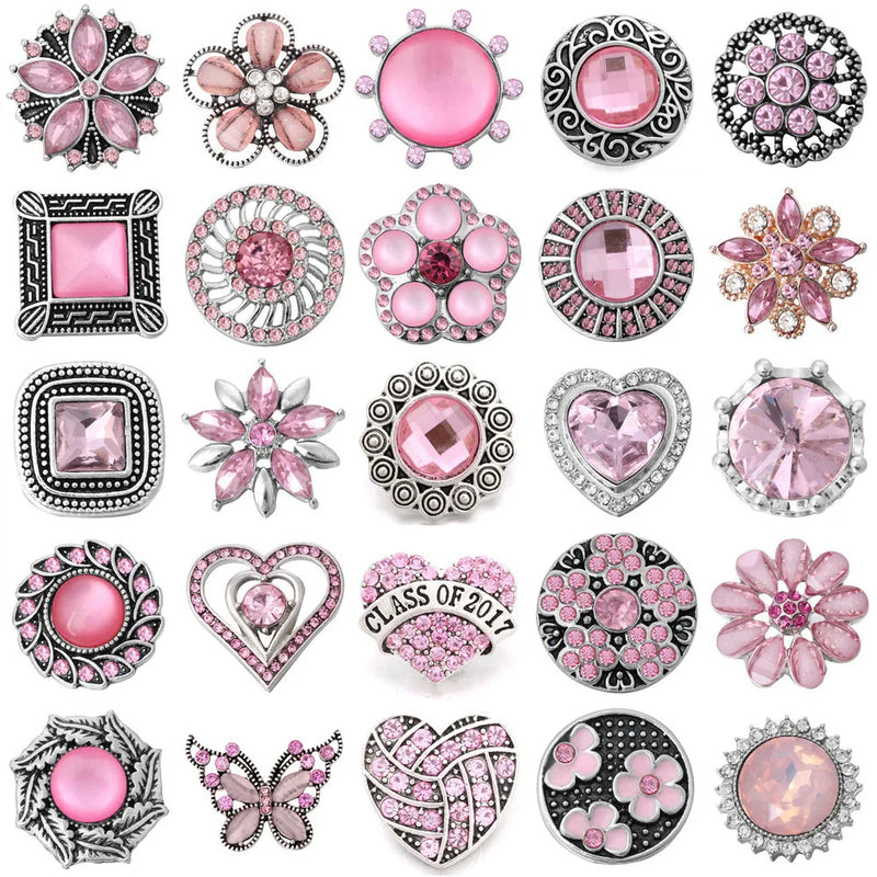 6pcs Pink Rhinestone Flower Snap Buttons for 18mm Snap Bracelets