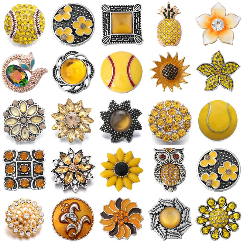 6pcs Yellow Rhinestone Flower Snap Buttons for 18mm Bracelets DIY Jewelry