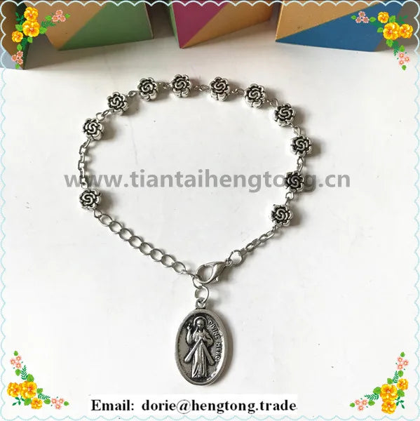 5mm Alloy Flower Bead Rosary Bracelet with Divine Mercy Charm
