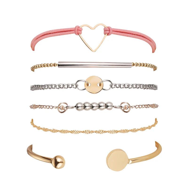 6pcs Heart Chain Bracelets Women Beads Cuff Bohemian Jewelry