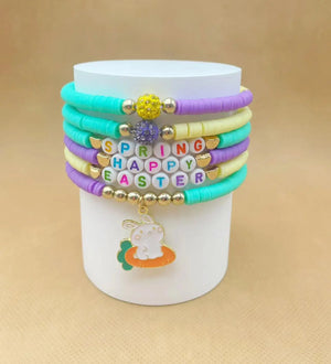 6pcs Polymer Clay Stretch Bracelet Happy Easter Rabbit Charms Bohemian
