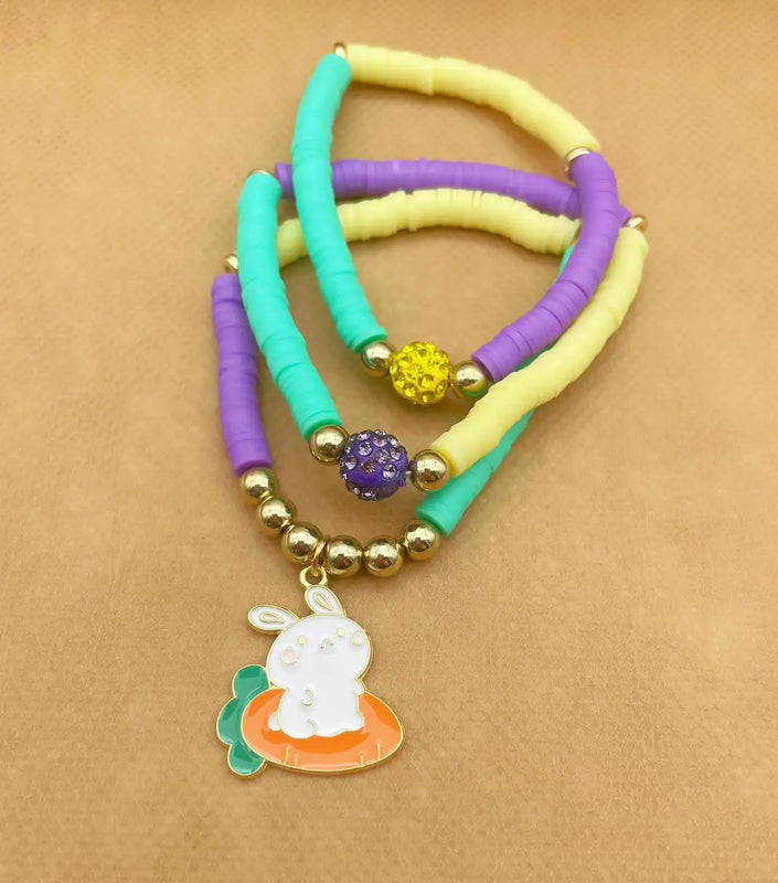6pcs Polymer Clay Stretch Bracelet Happy Easter Rabbit Charms Bohemian