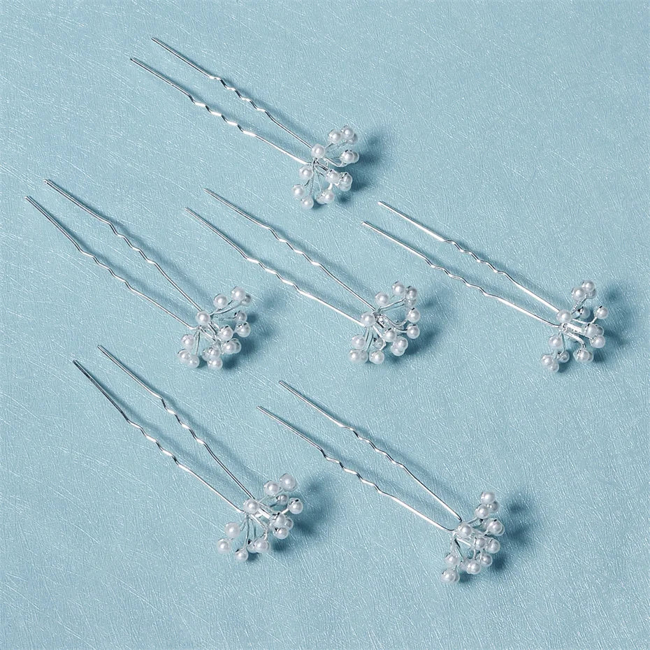 6pcs Silver Pearl Wedding Hairpin Set for Bride