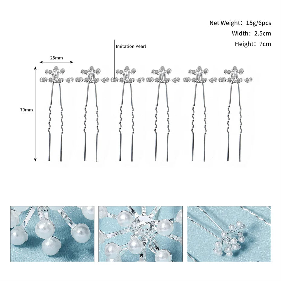 6pcs Silver Pearl Wedding Hairpin Set for Bride