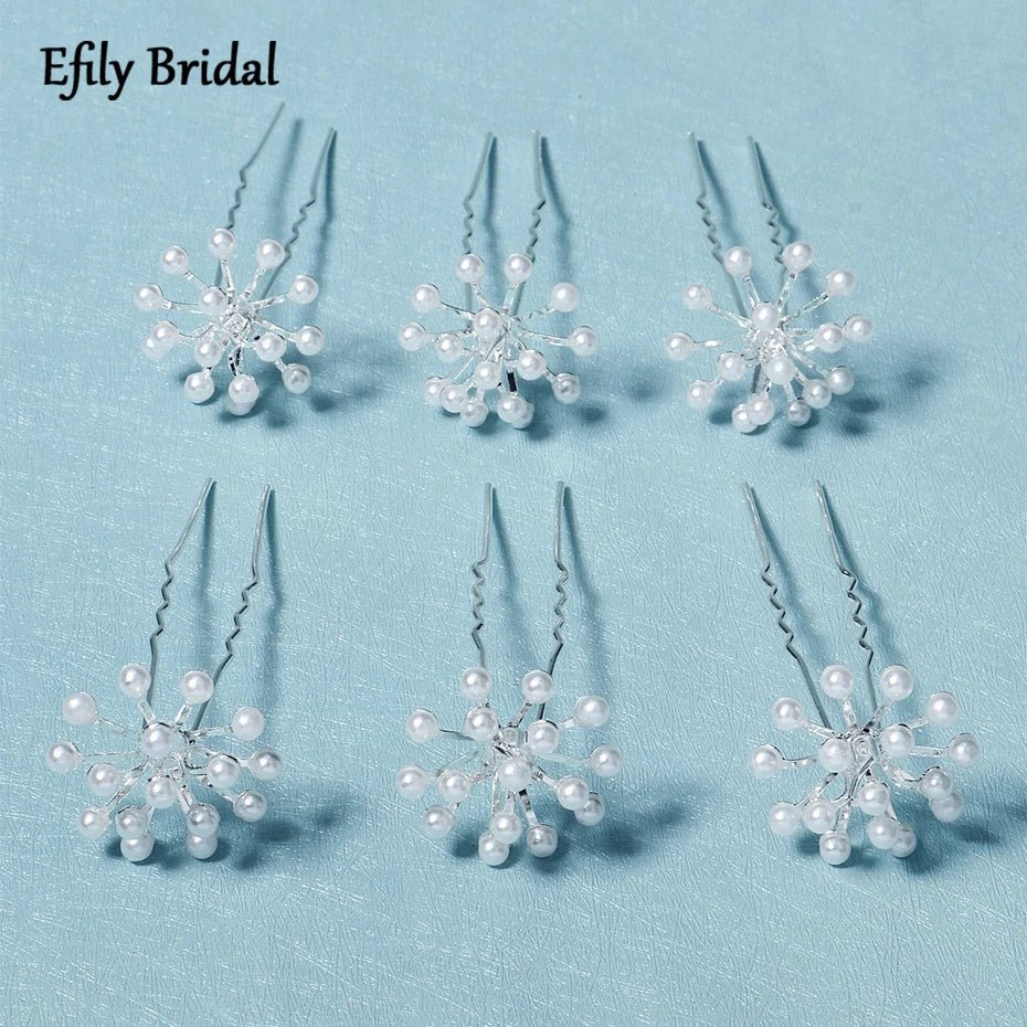 6pcs Silver Pearl Wedding Hairpin Set for Bride